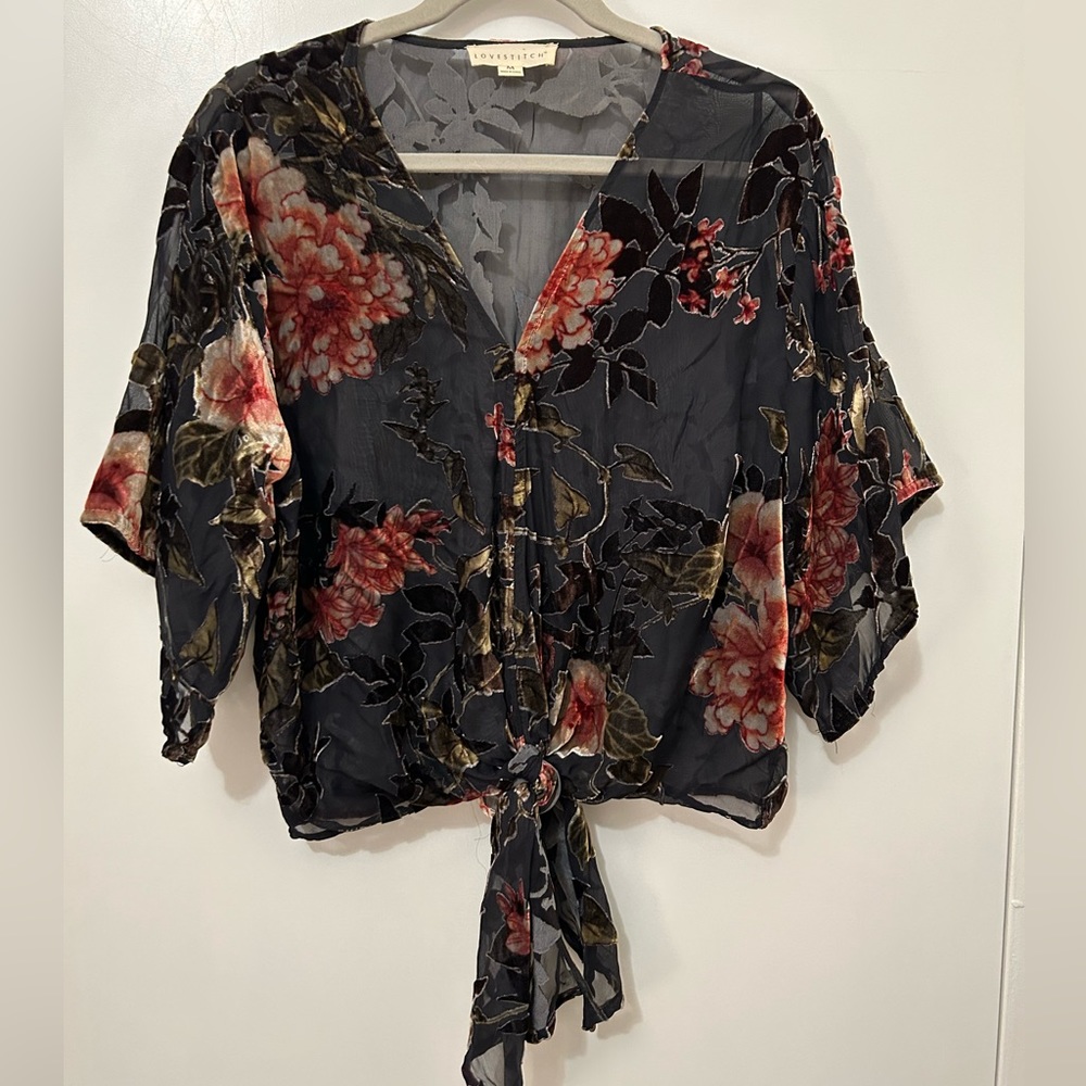 Floral Tie-Front Blouse with velvet floral details